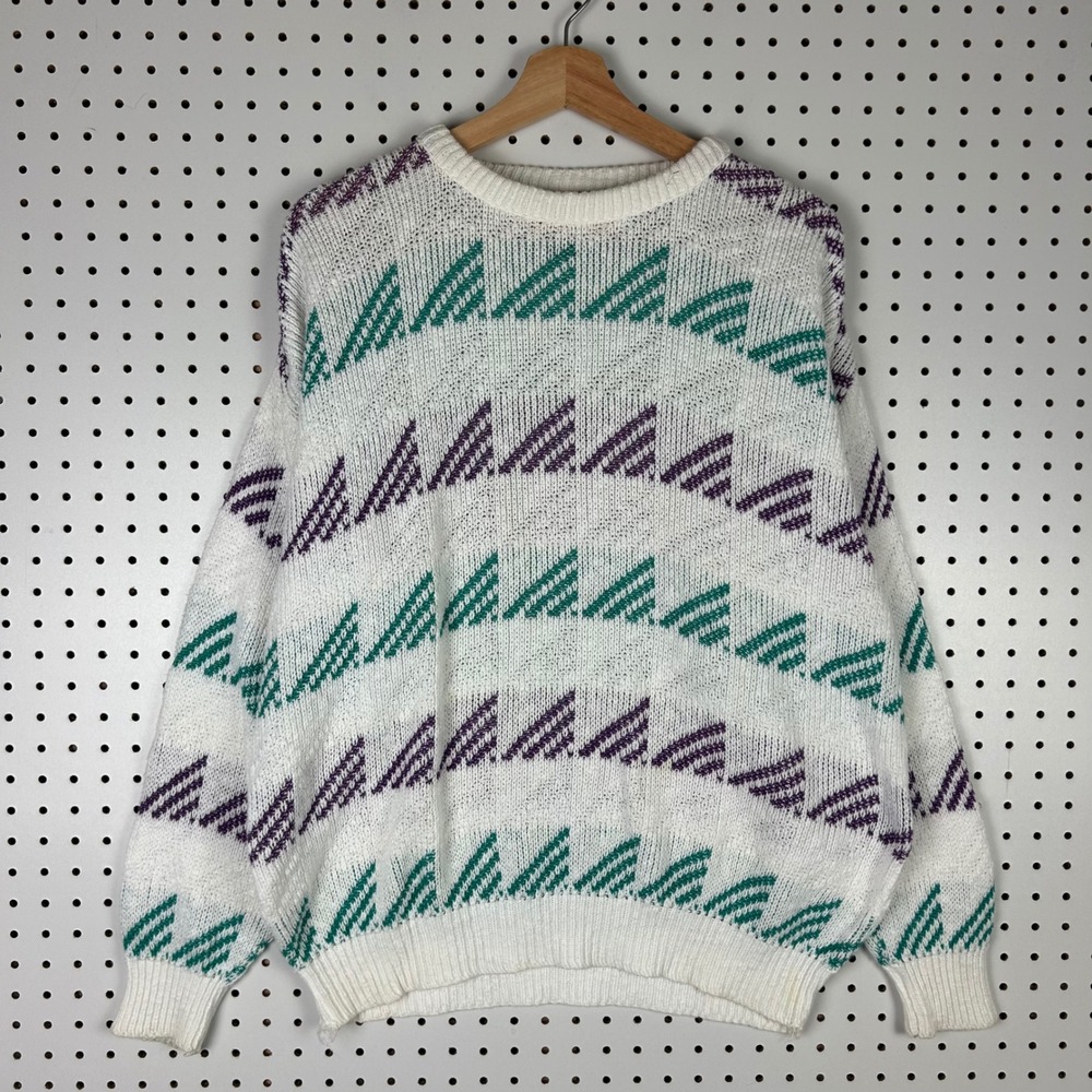 Aurea Vintage 90s Geometric Cotton Knit Sweater Womens Large White‎ Purple Green